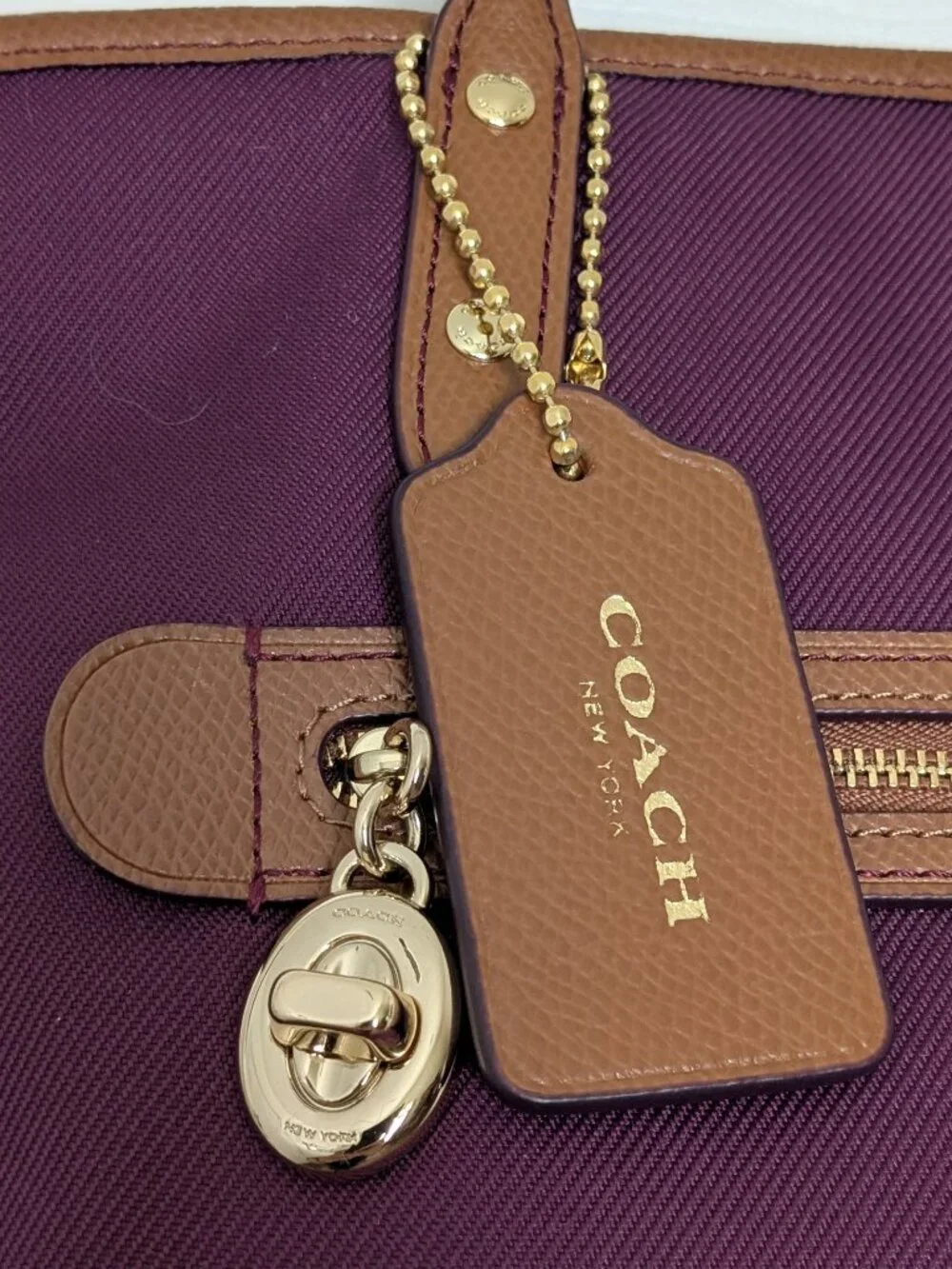 Coach Sawyer Plum Canvas & Leather Tote Bag Gold Hardware Charm Purple .